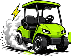 JuiceMyCart logo: angry green golf cart doing a burnout